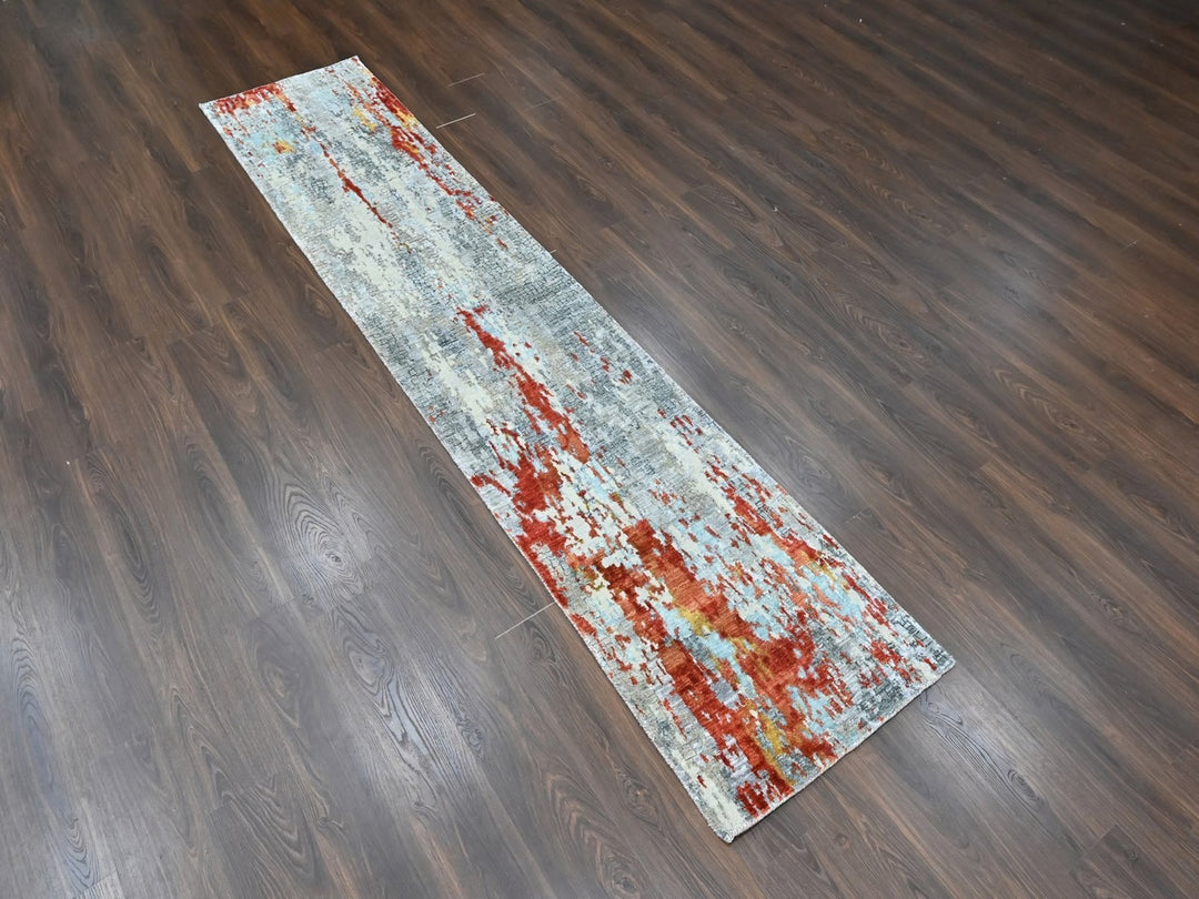 2'6" x 11'11" New Hand Knotted Orange Wool & Silk Runner Oriental Rug - MOA10210443