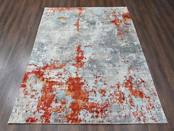 8'1" x 9'10" New Hand Knotted Orange Wool & Silk Rectangle Oriental Rug - MOA10210444