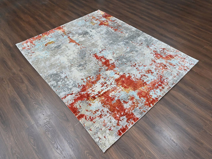 8'1" x 9'10" New Hand Knotted Orange Wool & Silk Rectangle Oriental Rug - MOA10210444