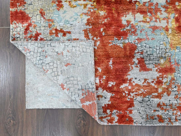 8'1" x 9'10" New Hand Knotted Orange Wool & Silk Rectangle Oriental Rug - MOA10210444