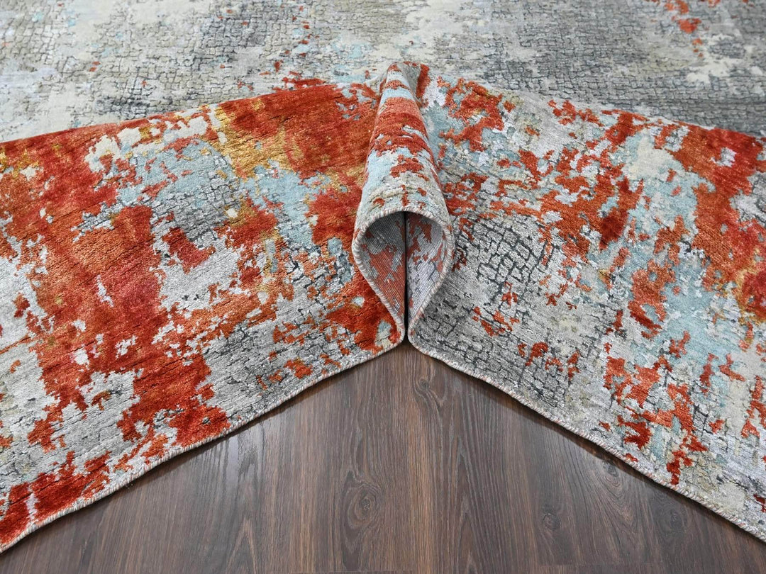 8'1" x 9'10" New Hand Knotted Orange Wool & Silk Rectangle Oriental Rug - MOA10210444