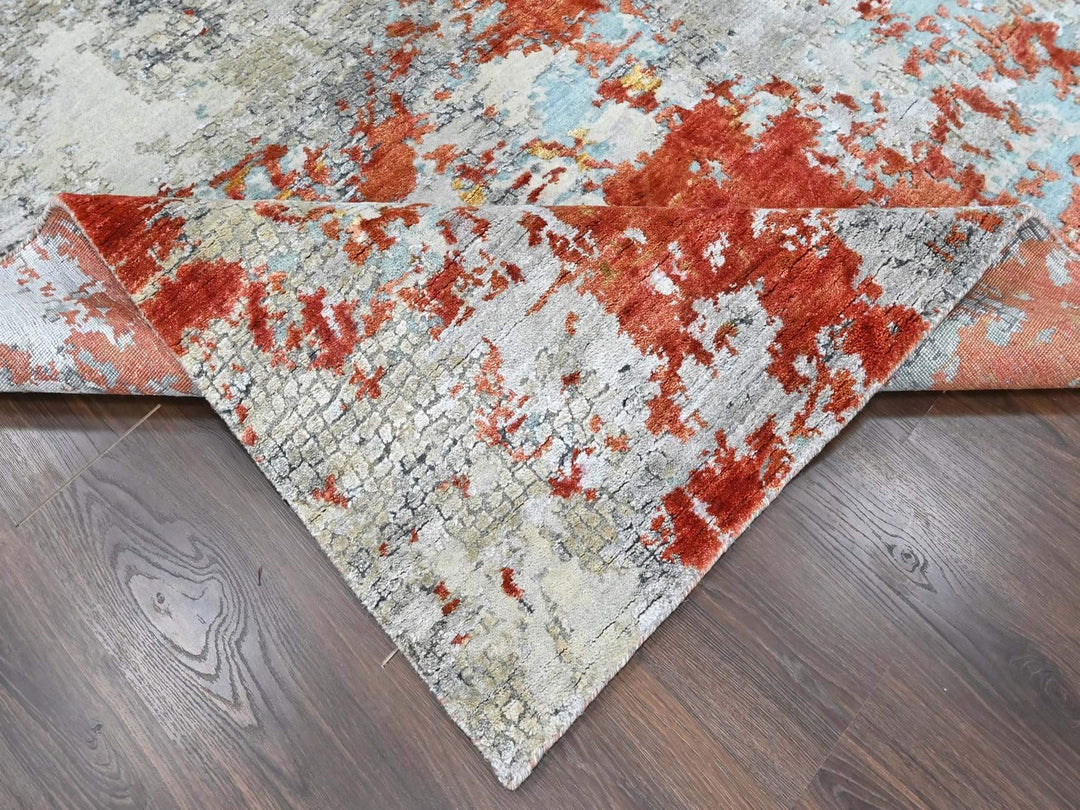 8'1" x 9'10" New Hand Knotted Orange Wool & Silk Rectangle Oriental Rug - MOA10210444