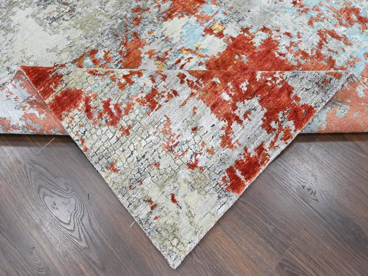 8'1" x 9'10" New Hand Knotted Orange Wool & Silk Rectangle Oriental Rug - MOA10210444