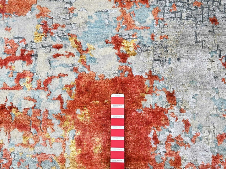 8'1" x 9'10" New Hand Knotted Orange Wool & Silk Rectangle Oriental Rug - MOA10210444