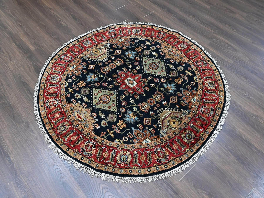 5'11" x 6'0" New Hand Knotted Black Wool Round Oriental Rug - MOA10210453