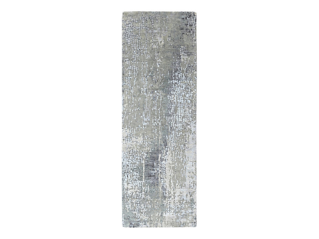 2'8" x 8'1" New Hand Knotted Grey Wool & Silk Runner Oriental Rug - MOA10210517