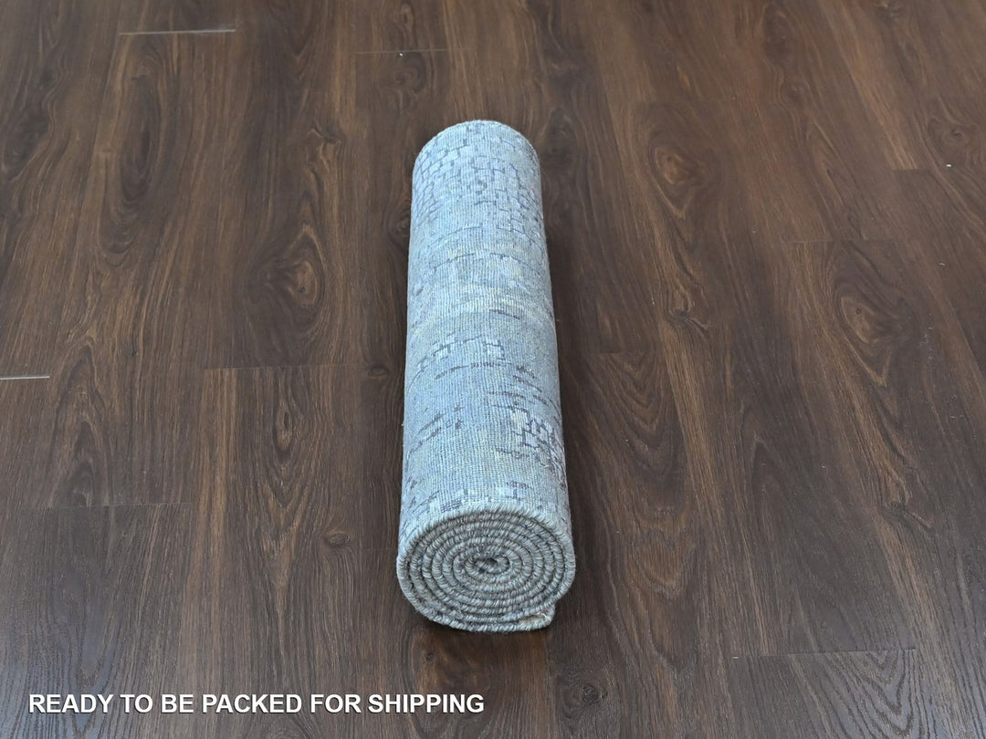 2'8" x 8'1" New Hand Knotted Grey Wool & Silk Runner Oriental Rug - MOA10210517