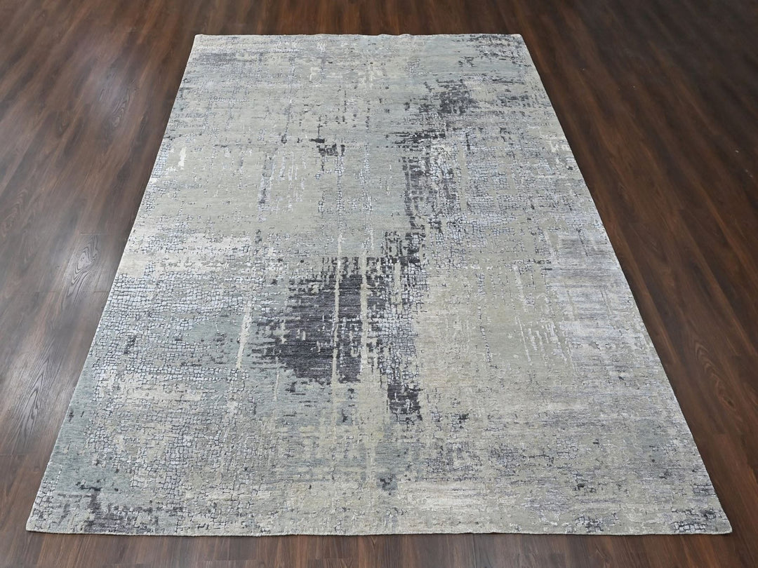 9'1" x 12'0" New Hand Knotted Grey Wool & Silk Rectangle Oriental Rug - MOA10210518