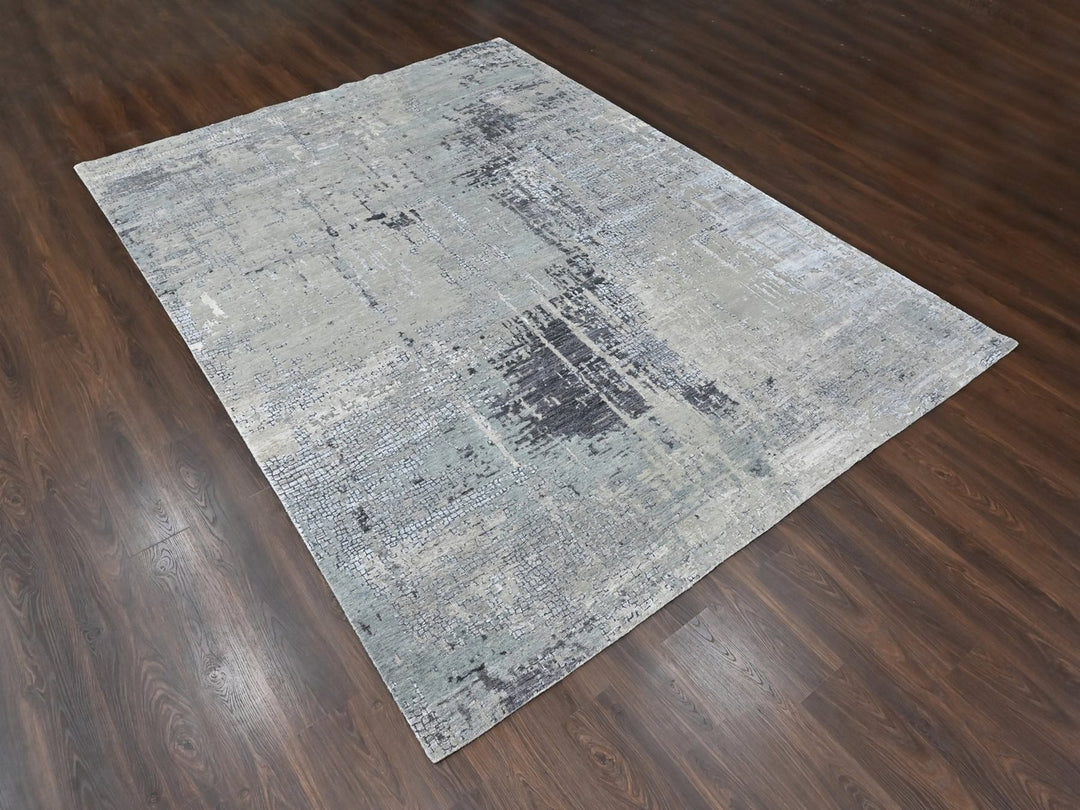 9'1" x 12'0" New Hand Knotted Grey Wool & Silk Rectangle Oriental Rug - MOA10210518