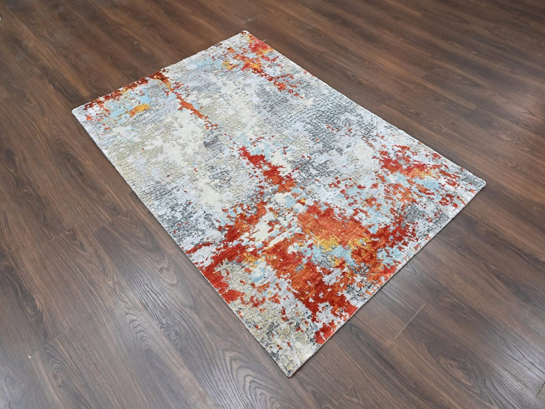 4'1" x 5'11" New Hand Knotted Orange Wool & Silk Rectangle Oriental Rug - MOA10210521