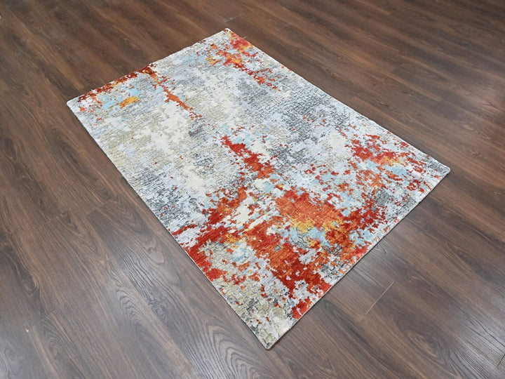4'1" x 5'11" New Hand Knotted Orange Wool & Silk Rectangle Oriental Rug - MOA10210521