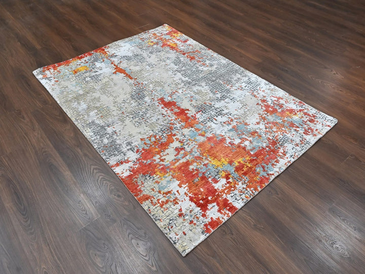 4'11" x 6'10" New Hand Knotted Orange Wool & Silk Rectangle Oriental Rug - MOA10210522