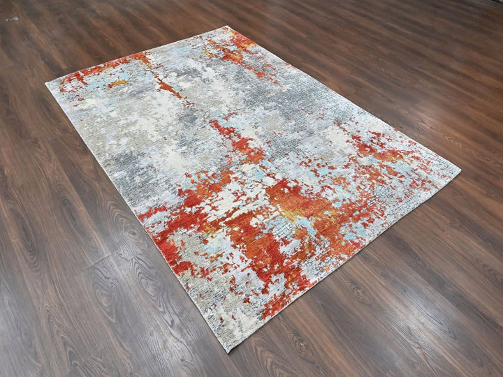 6'1" x 8'10" New Hand Knotted Orange Wool & Silk Rectangle Oriental Rug - MOA10210523