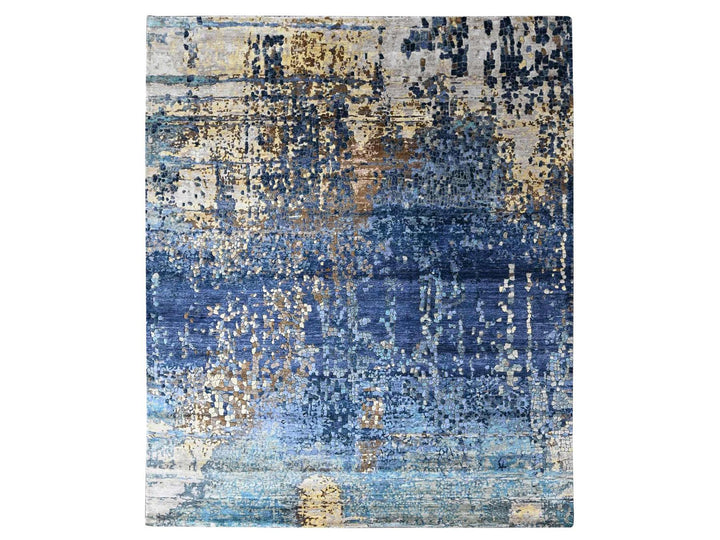 8'0" x 9'10" New Hand Knotted Blue Wool & Silk Rectangle Oriental Rug - MOA10210562
