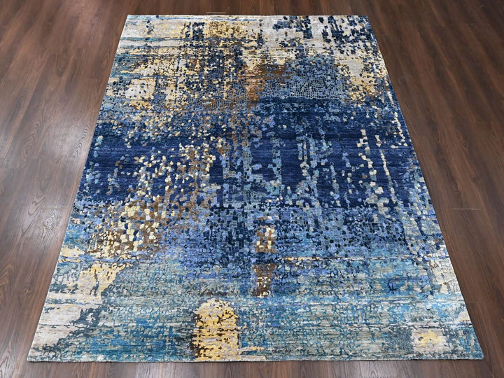 8'0" x 9'10" New Hand Knotted Blue Wool & Silk Rectangle Oriental Rug - MOA10210562
