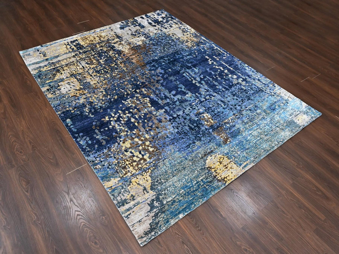 8'0" x 9'10" New Hand Knotted Blue Wool & Silk Rectangle Oriental Rug - MOA10210562