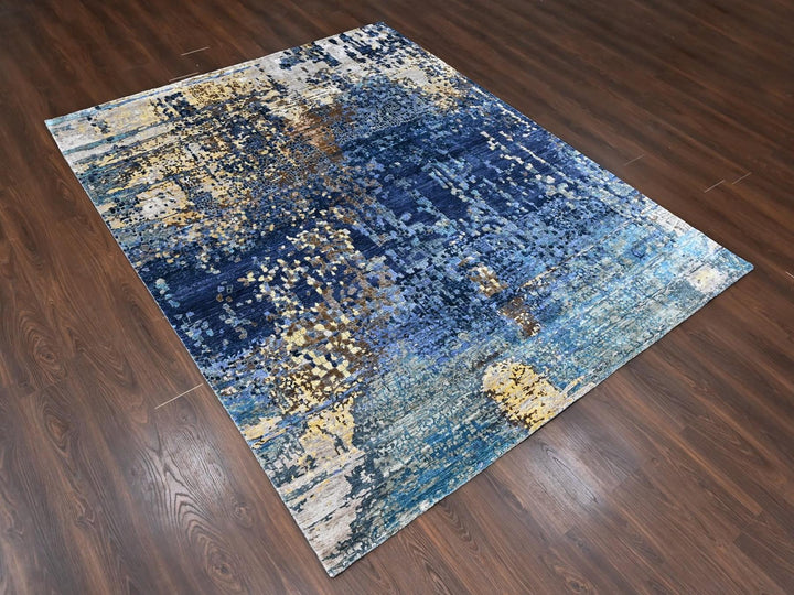 8'0" x 9'10" New Hand Knotted Blue Wool & Silk Rectangle Oriental Rug - MOA10210562