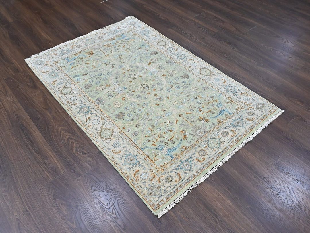 4'0" x 6'0" New Hand Knotted Green Wool Rectangle Oriental Rug - MOA10210581