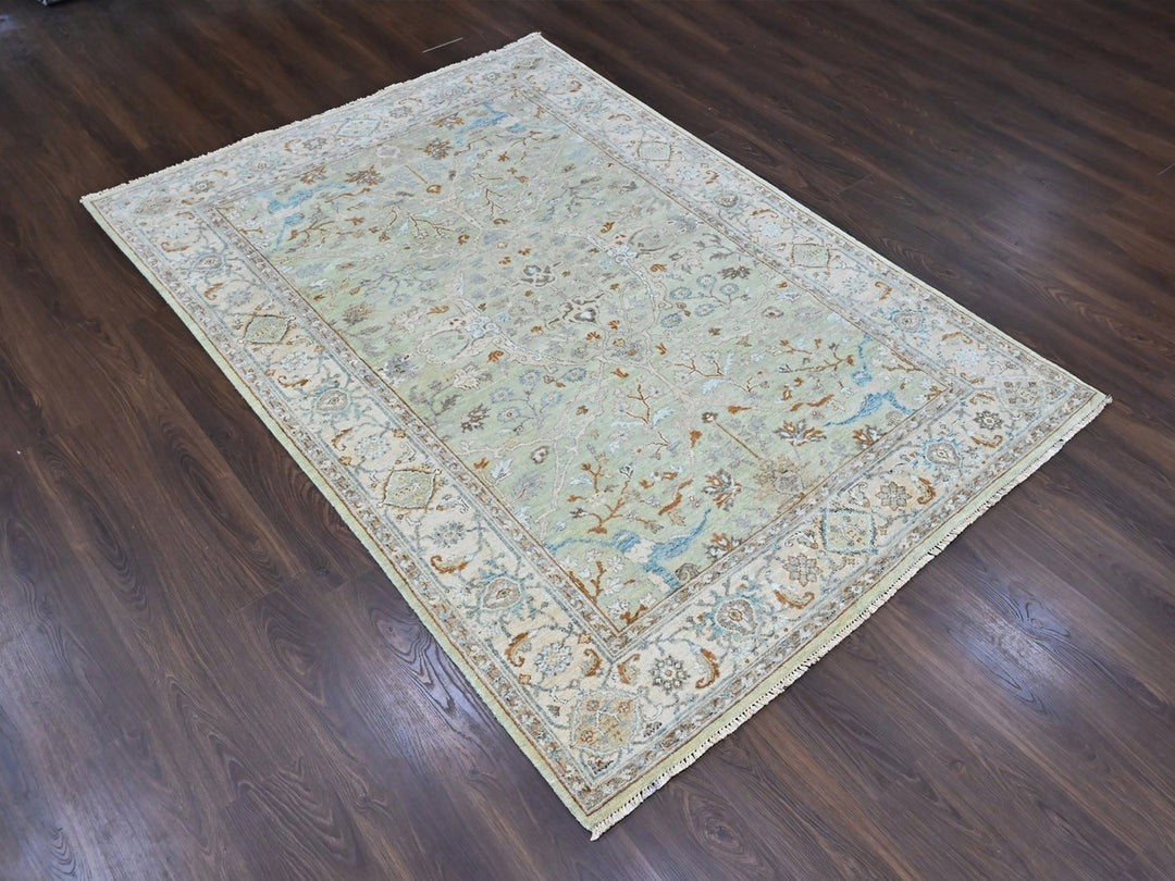 6'2" x 9'0" New Hand Knotted Green Wool Rectangle Oriental Rug - MOA10210584