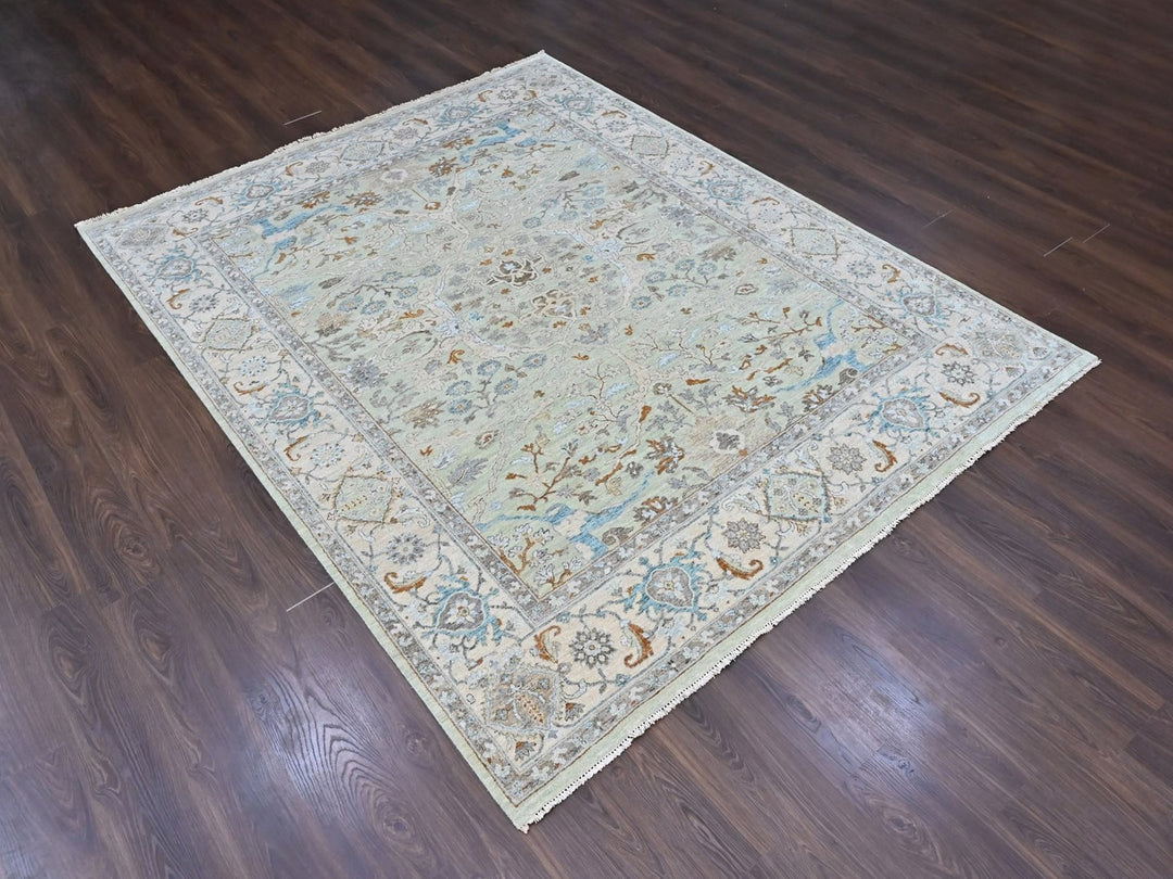 8'0" x 10'0" New Hand Knotted Green Wool Rectangle Oriental Rug - MOA10210586