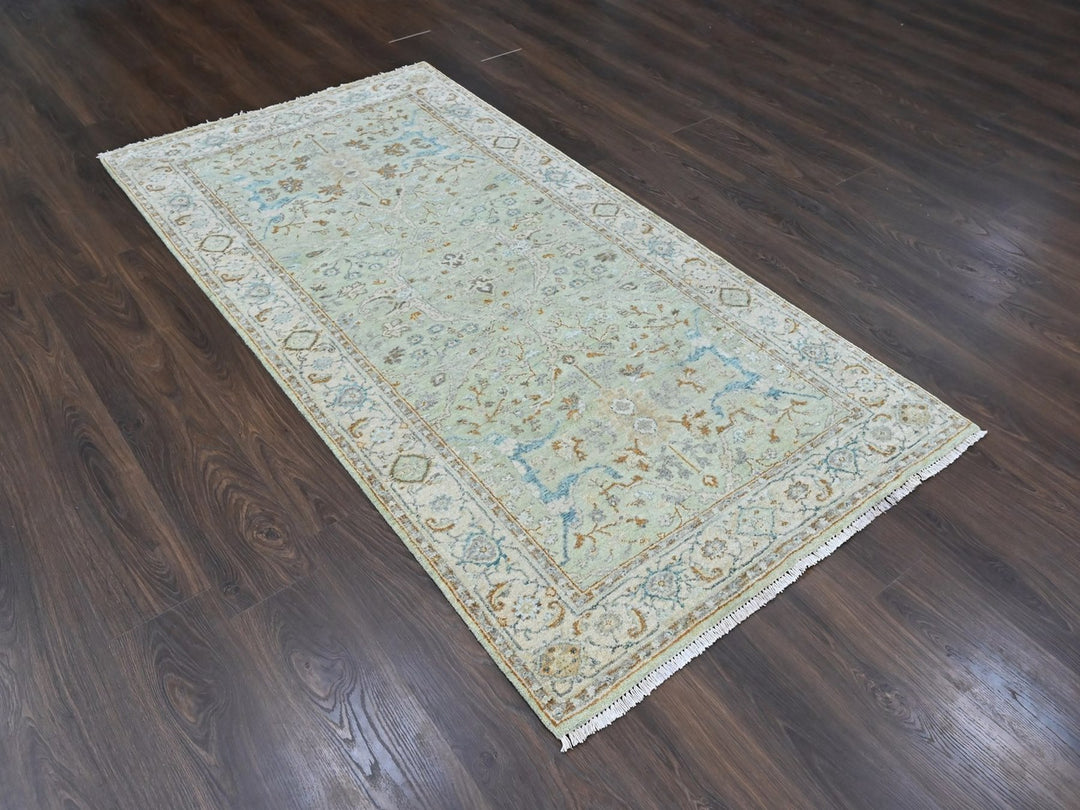 4'0" x 8'0" New Hand Knotted Green Wool Runner Oriental Rug - MOA10210597