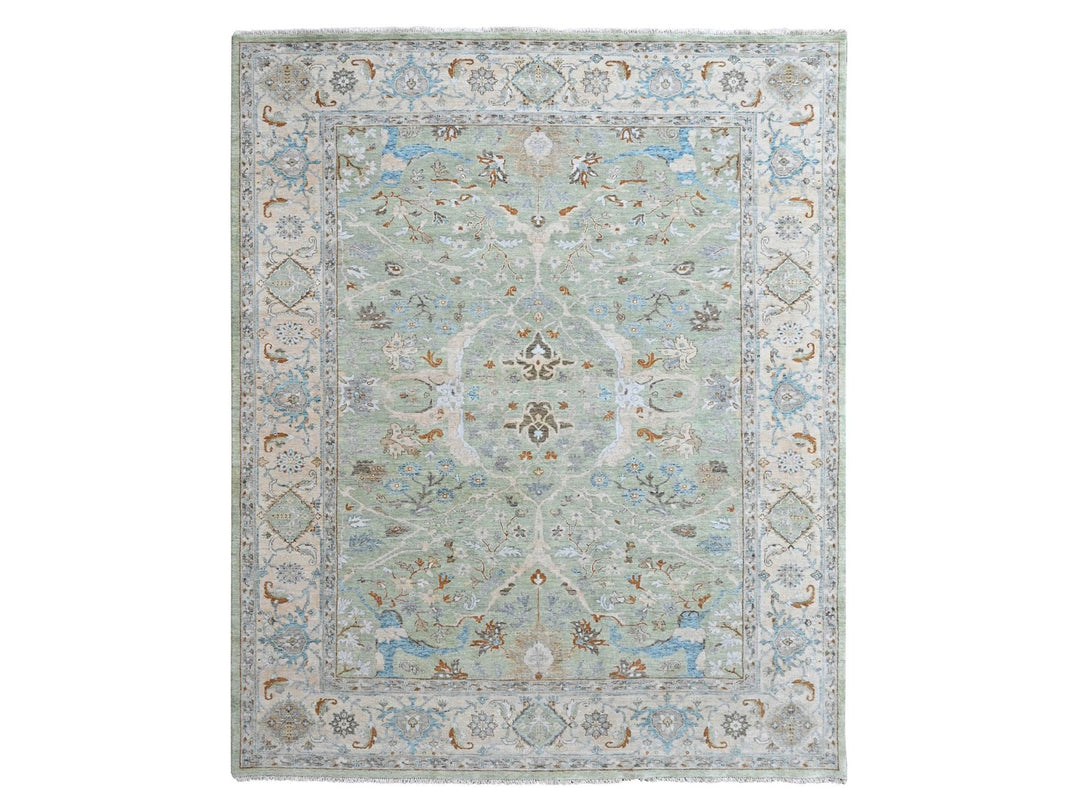 9'2" x 11'10" New Hand Knotted Green Wool Rectangle Oriental Rug - MOA10210599