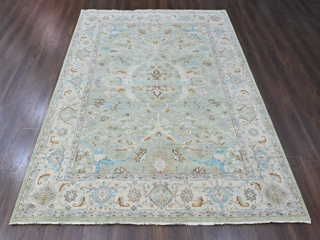 9'2" x 11'10" New Hand Knotted Green Wool Rectangle Oriental Rug - MOA10210599