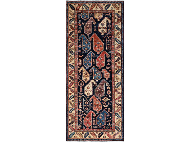 3'11" x 9'9" New Hand Knotted Blue Wool Runner Oriental Rug - MOA1021065