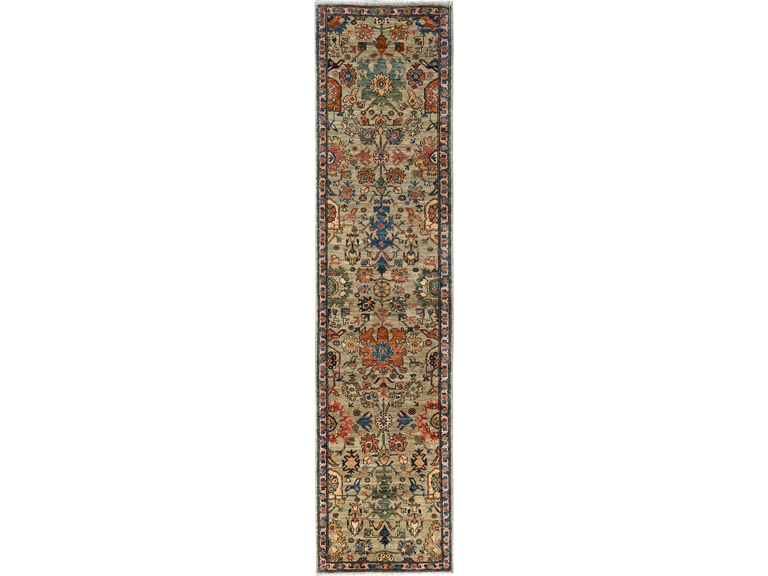 2'10" x 11'11" New Hand Knotted Green Wool Runner Oriental Rug - MOA1021105
