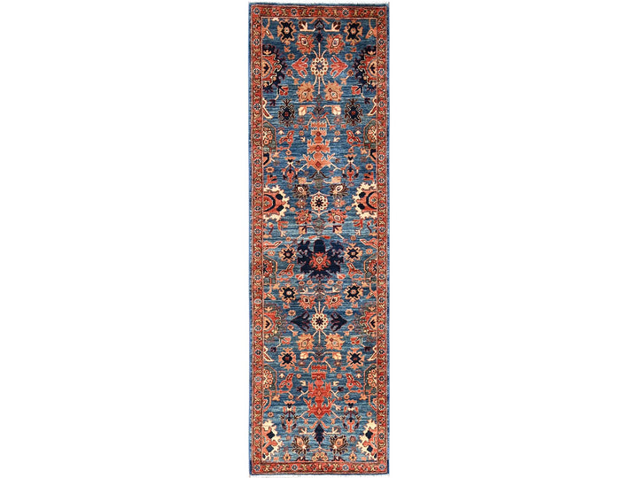 2'10" x 9'7" New Hand Knotted Blue Wool Runner Oriental Rug - MOA1021115