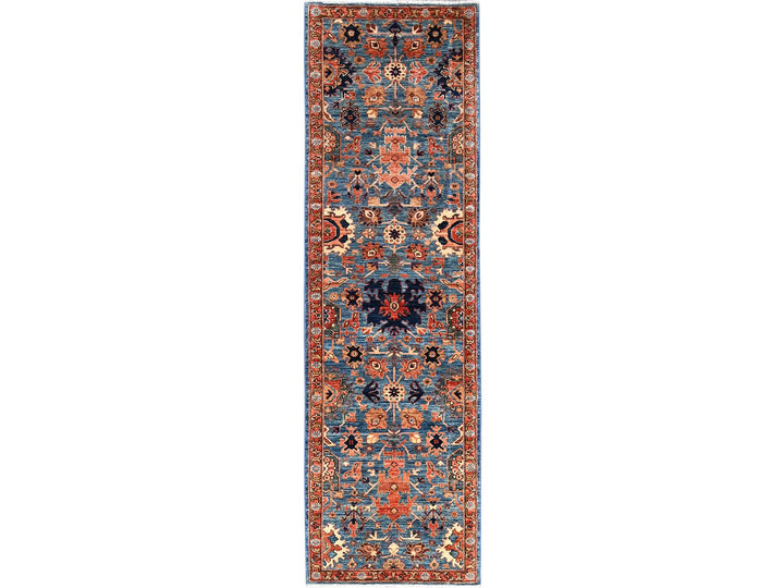2'11" x 9'11" New Hand Knotted Blue Wool Runner Oriental Rug - MOA1021117
