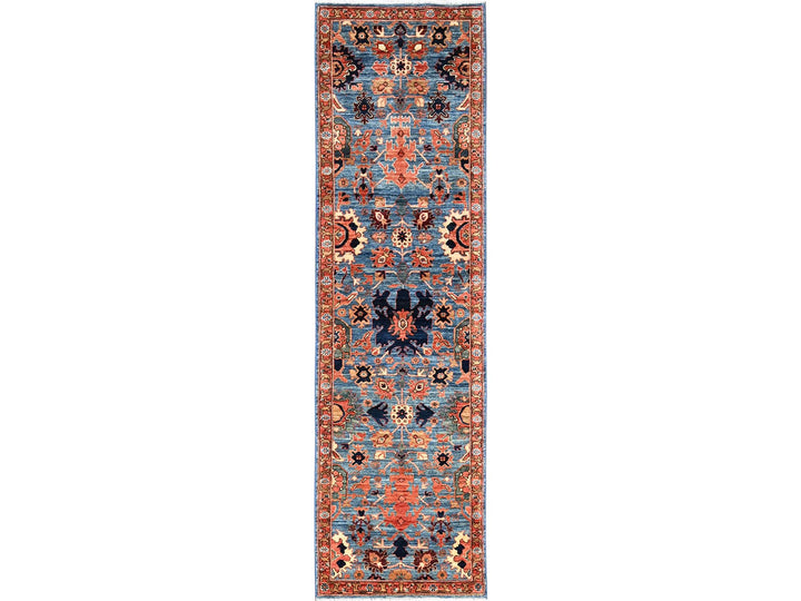 2'7" x 9'9" New Hand Knotted Blue Wool Runner Oriental Rug - MOA1021120