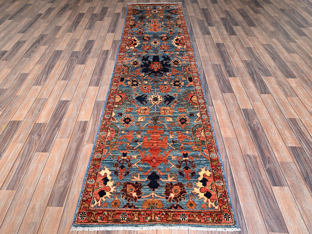 2'7" x 9'9" New Hand Knotted Blue Wool Runner Oriental Rug - MOA1021120