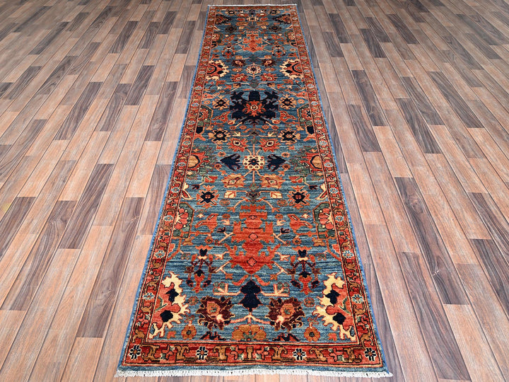 2'7" x 9'9" New Hand Knotted Blue Wool Runner Oriental Rug - MOA1021120