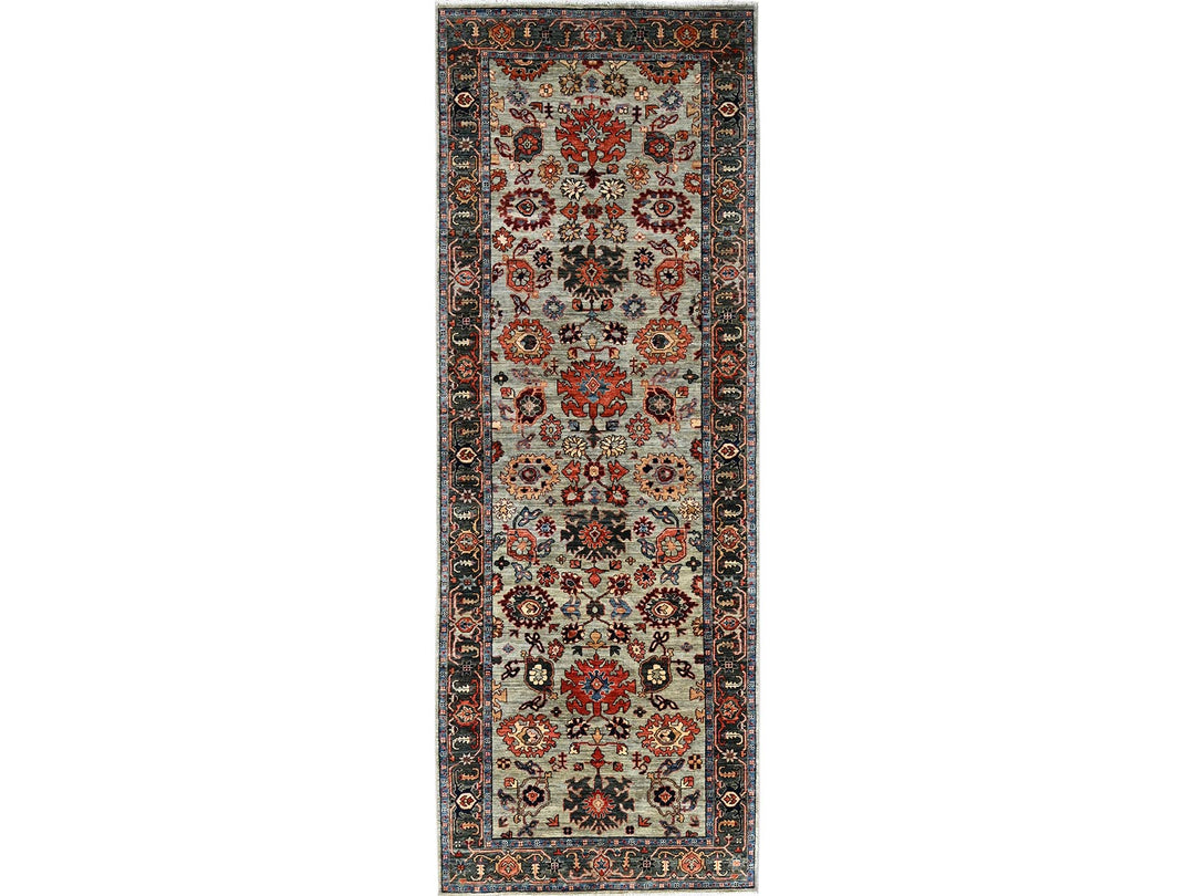 4'2" x 11'9" New Hand Knotted Green Wool Runner Oriental Rug - MOA1021130