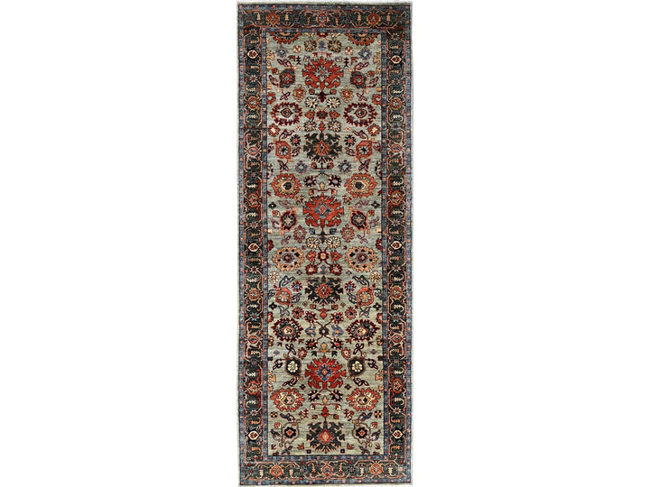 4'2" x 11'9" New Hand Knotted Green Wool Runner Oriental Rug - MOA1021130