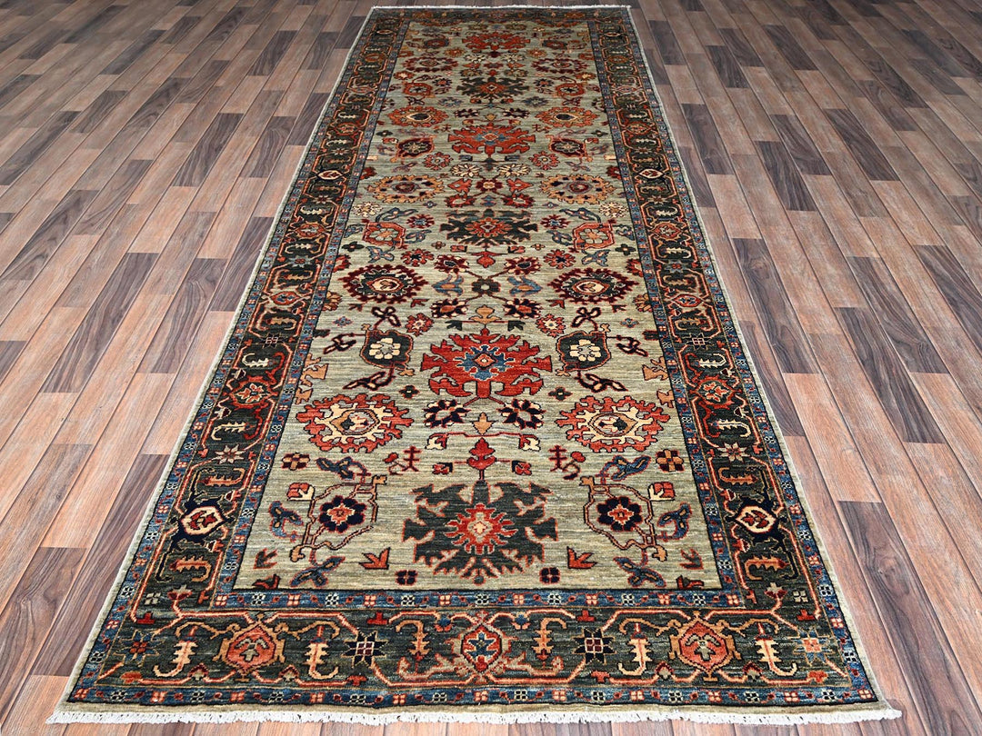 4'2" x 11'9" New Hand Knotted Green Wool Runner Oriental Rug - MOA1021130