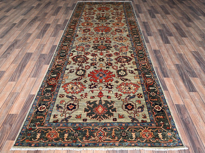 4'2" x 11'9" New Hand Knotted Green Wool Runner Oriental Rug - MOA1021130