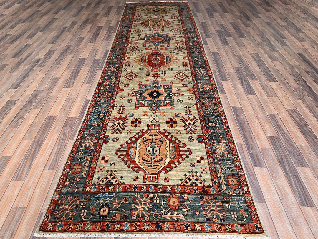 4'3" x 13'1" New Hand Knotted Green Wool Runner Oriental Rug - MOA1021131