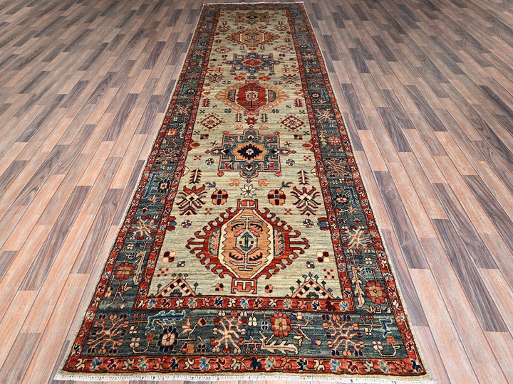 4'3" x 13'1" New Hand Knotted Green Wool Runner Oriental Rug - MOA1021131