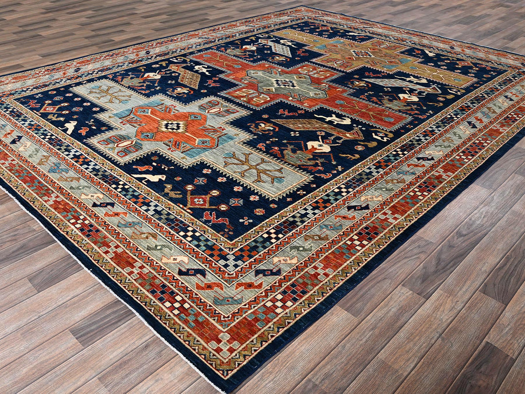 8'10" x 11'6" New Hand Knotted Blue Wool Rectangle Oriental Rug - MOA1021142