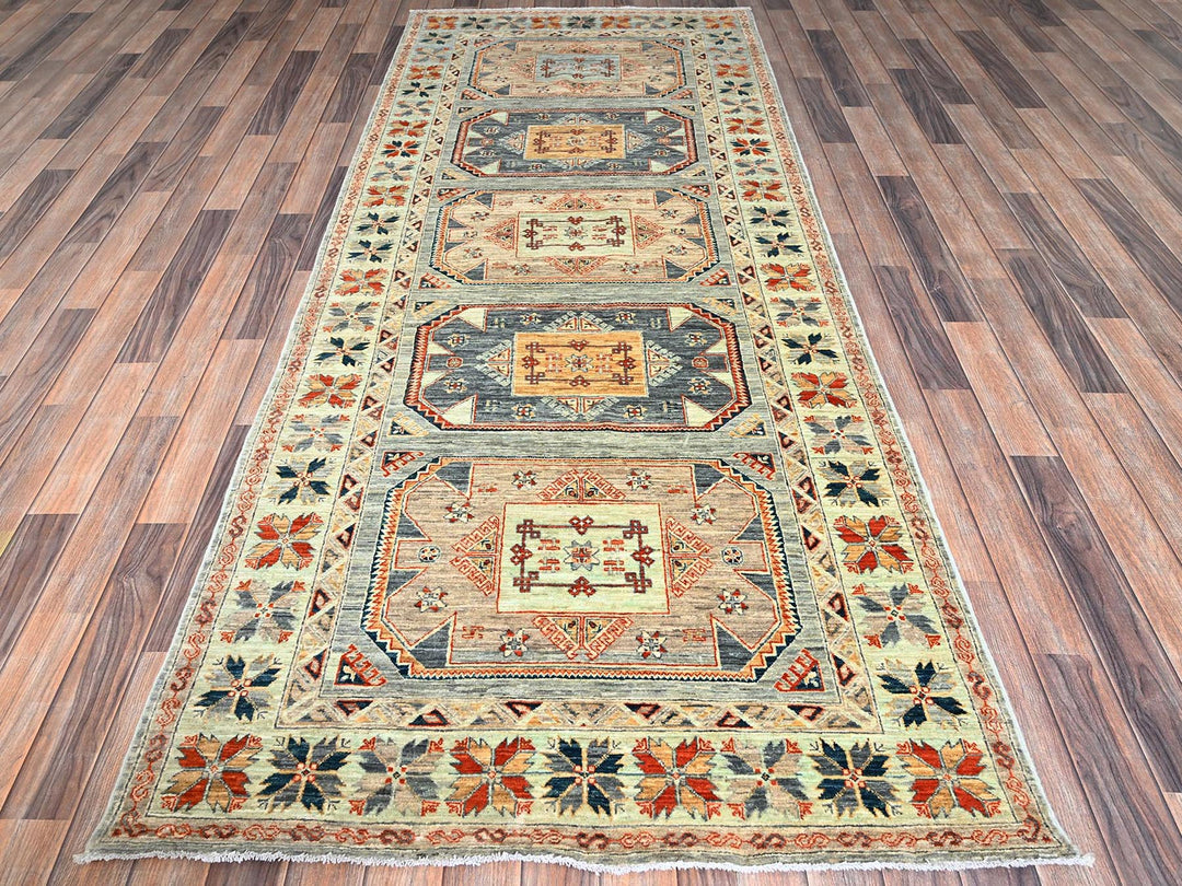 3'11" x 9'5" New Hand Knotted Green Wool Runner Oriental Rug - MOA1021145