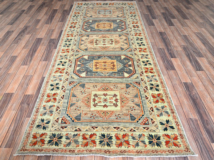 3'11" x 9'5" New Hand Knotted Green Wool Runner Oriental Rug - MOA1021145