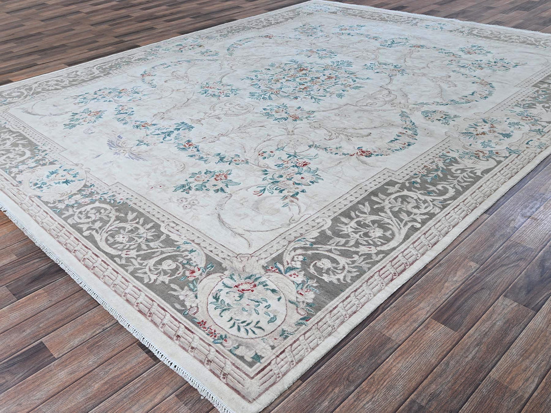9'0" x 11'9" New Hand Knotted Ivory Wool Rectangle Oriental Rug - MOA1021370