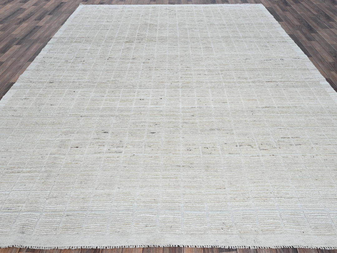 9'1" x 11'11" New Hand Knotted Ivory Wool Rectangle Oriental Rug - MOA1021379