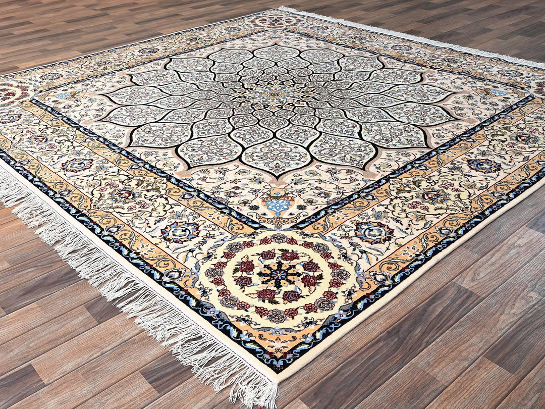 8'2" x 8'5" New Hand Knotted Ivory Wool & Silk Square Oriental Rug - MOA1021459