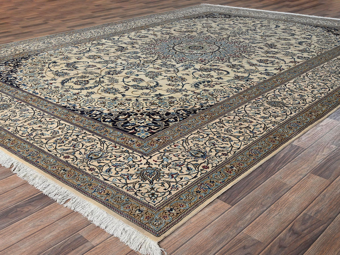 9'6" x 13'4" New Hand Knotted Ivory Wool & Silk Rectangle Oriental Rug - MOA1021461