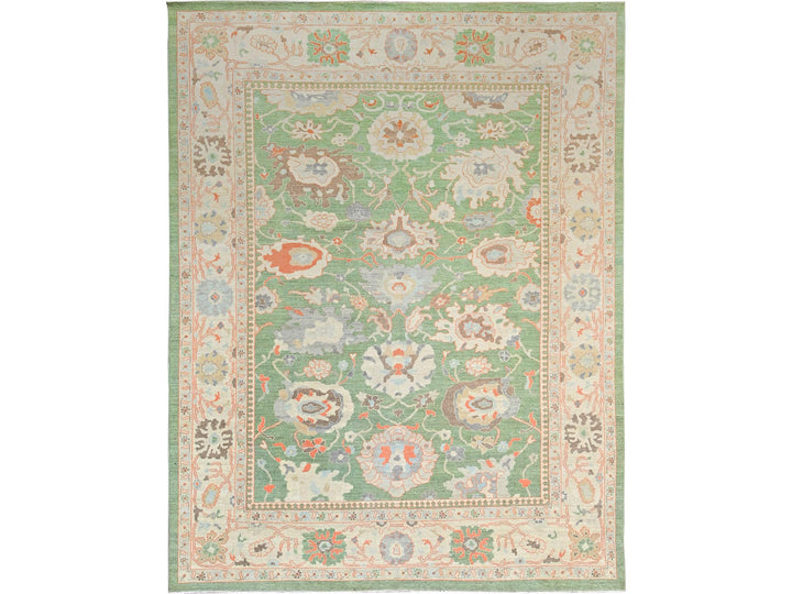 8'11" x 11'10" New Hand Knotted Green Wool Rectangle Oriental Rug - MOA1021522