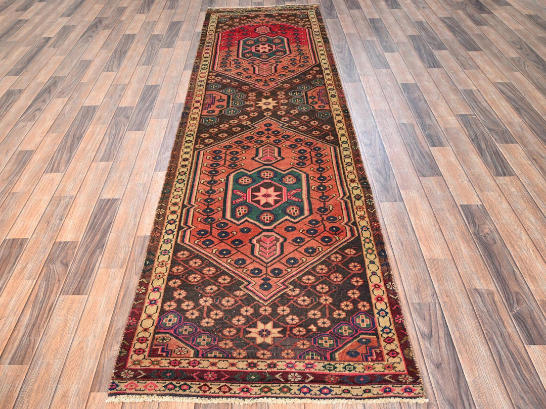 2'9" x 9'11" Vintage Hand Knotted Brown Wool Runner Oriental Rug - MOA1021530