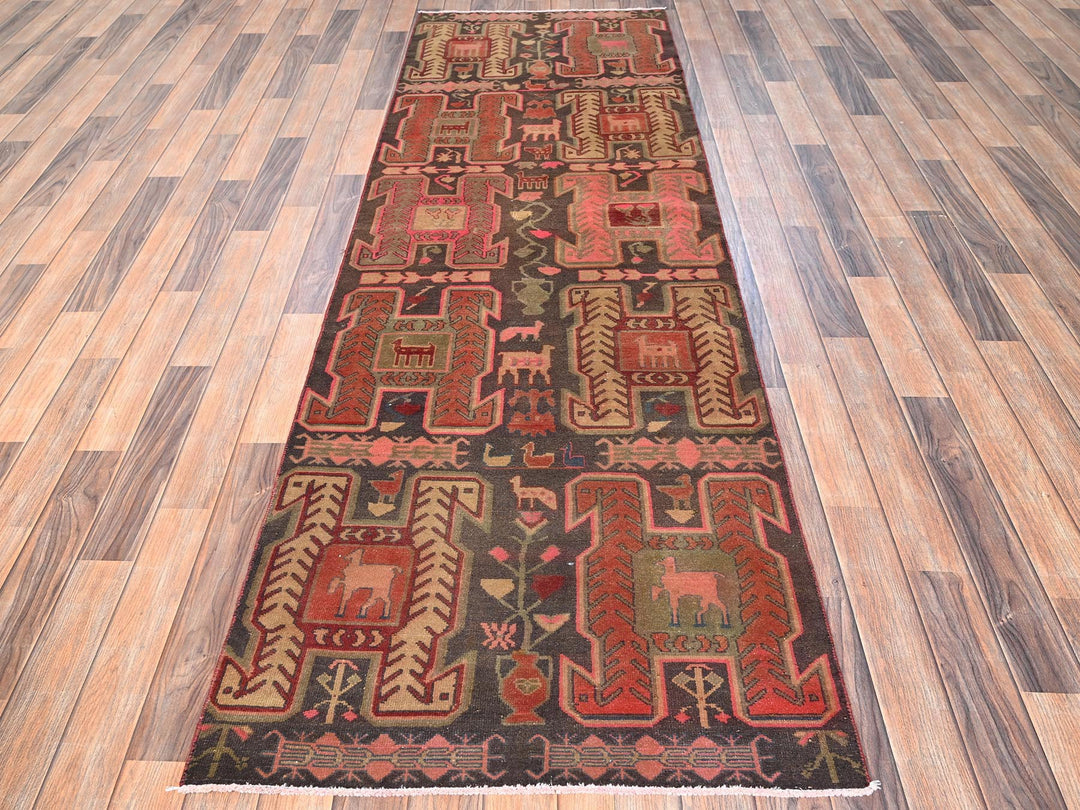 2'10" x 8'11" Vintage Hand Knotted Brown Wool Runner Oriental Rug - MOA1021531